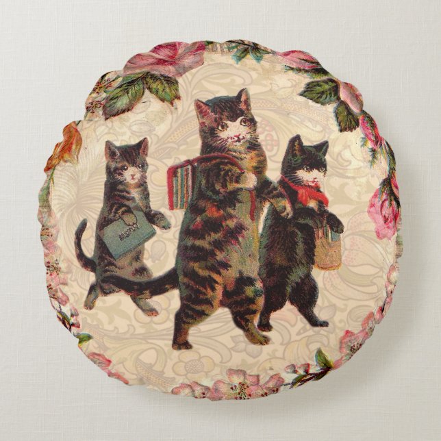 Cat Vintage Pretty Antique Kittens Round Pillow (Front)