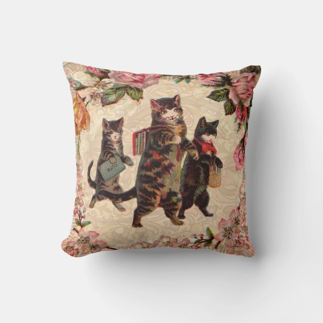 Cat Vintage Pretty Antique Kittens Throw Pillow (Front)