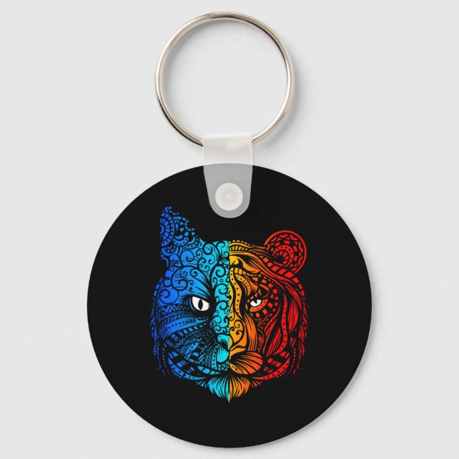 Cat vs Tiger Face Mandala Design Keychain (Front)