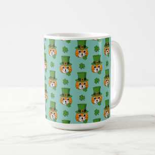 Cat w Green Hat and Shamrock St Patrick's Pattern Coffee Mug
