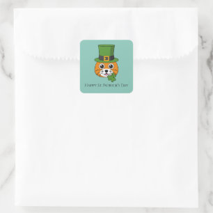 Cat w Hat and Shamrock St Patrick's Personalize Square Sticker