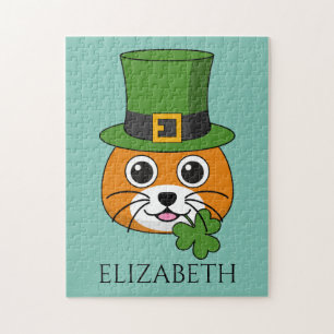 Cat w Hat and Shamrock St Patricks's Personalize Jigsaw Puzzle