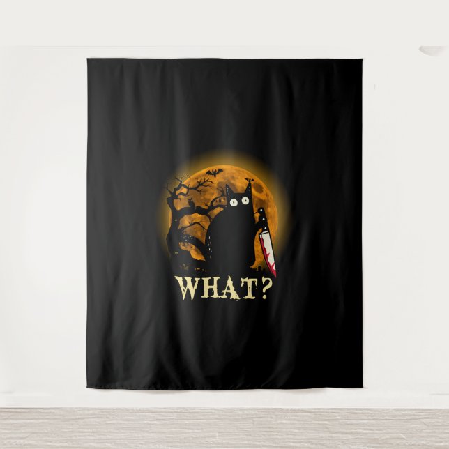 Cat W Murderous Cat With Knife Halloween Tapestry (Front)