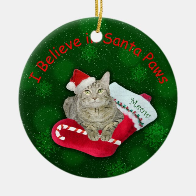 Cat Waiting for Santa Ceramic Ornament (Front)