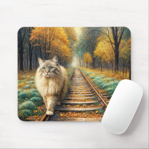 Cat Walking Down a Railroad Track Mouse Pad