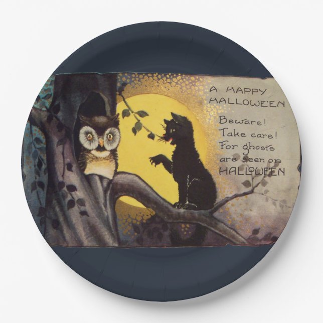 Cat Warning Owl Halloween Plates (Front)