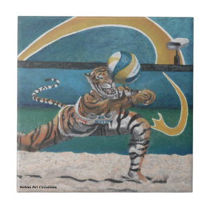 Cat Warrior Playing Beach Volleyball Ceramic Tile