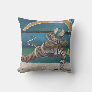 Cat Warrior Playing Beach Volleyball Throw Pillow
