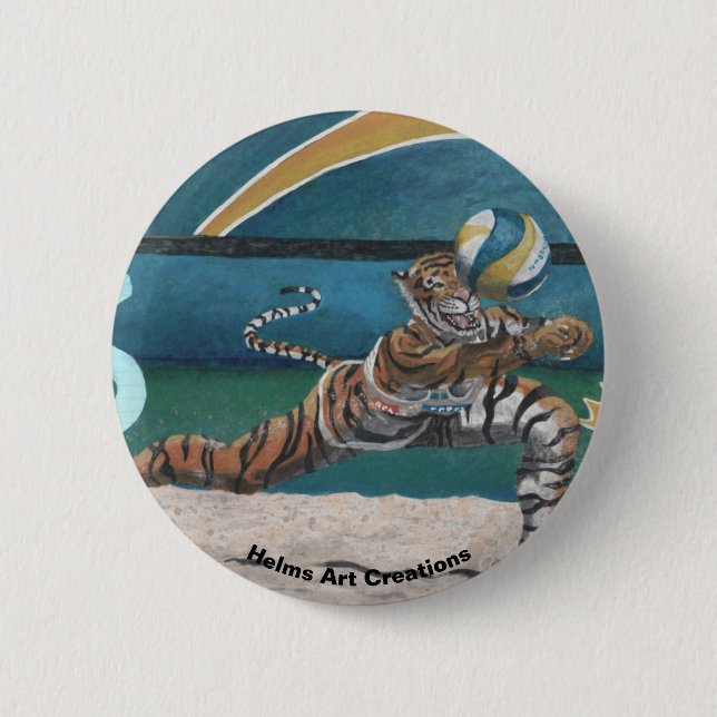 Cat Warrior Playing Volleyball Fantasy Button (Front)