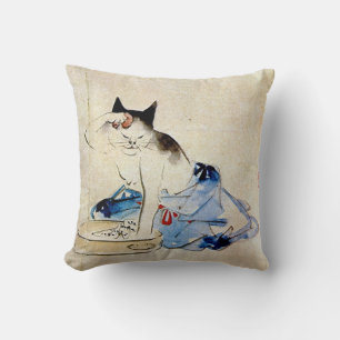 Cat wash her body, Utagawa Hiroshige Throw Pillow