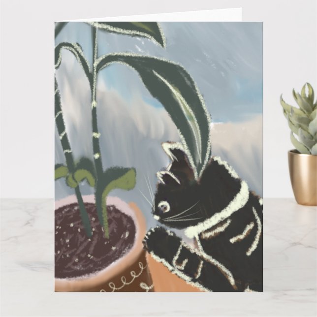 Cat Watching House Plants   Card (Small Plant)
