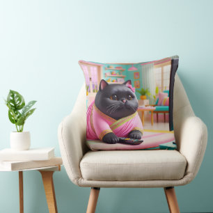 Cat watching TV in the living room Throw Pillow