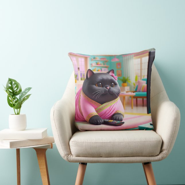 Cat watching TV in the living room Throw Pillow (Chair)