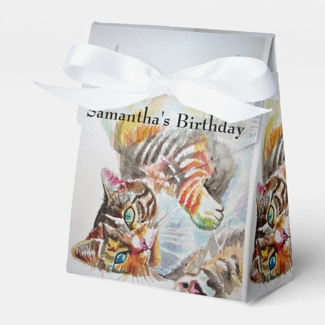 Cat Watercolor Birthday Party Cake Favour Box (Front Side)