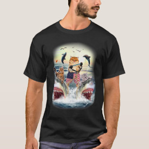 Cat Waterski With Sharks Sunset T-Shirt