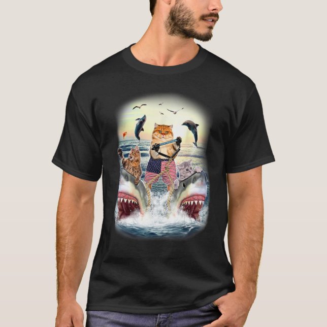 Cat Waterski With Sharks Sunset T-Shirt (Front)