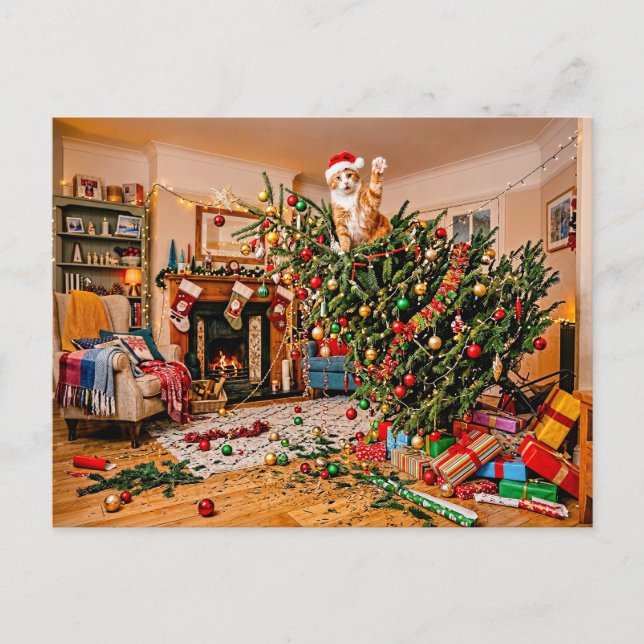 Cat Waving From Christmas Tree Postcard (Front)