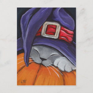 Cat Wearing A Witches Hat Halloween Postcard