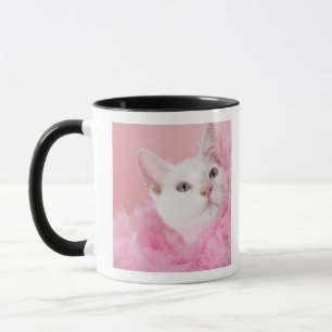 Cat wearing feather boa mug
