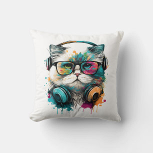 Cat Wearing Glasses and Headset Throw Pillow