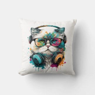 Cat Wearing Glasses and Headset Throw Pillow
