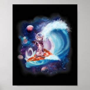 Cat Wearing Helmet Surfing On Pizza Surfboard Funn Poster