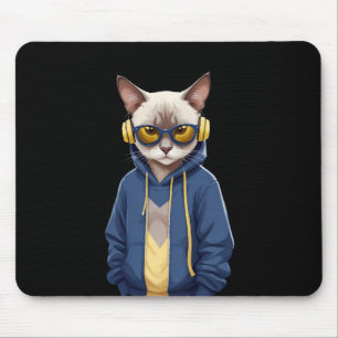 Cat Wearing Hoodie Funny Cool Animal Character Art Mouse Pad