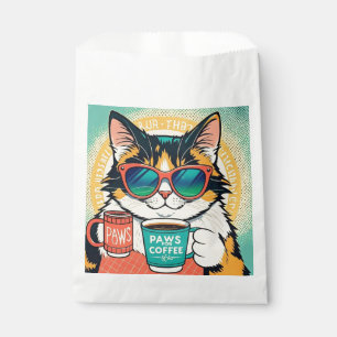 Cat wearing oversized sunglasses, holding a coffee favour bag