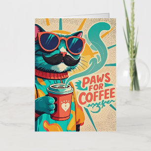 Cat wearing oversized sunglasses, holding a coffee foil greeting card