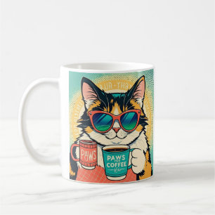 Cat wearing oversized sunglasses, holding a coffee mug