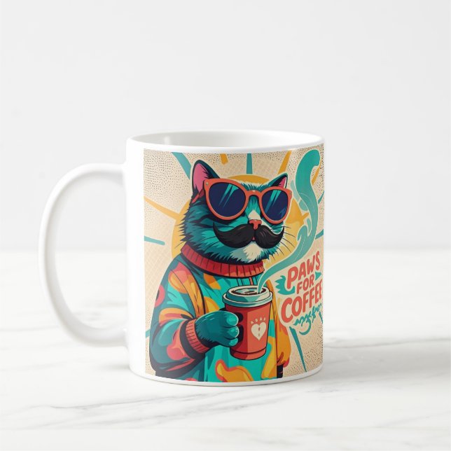 Cat wearing oversized sunglasses, holding a coffee mug (Left)