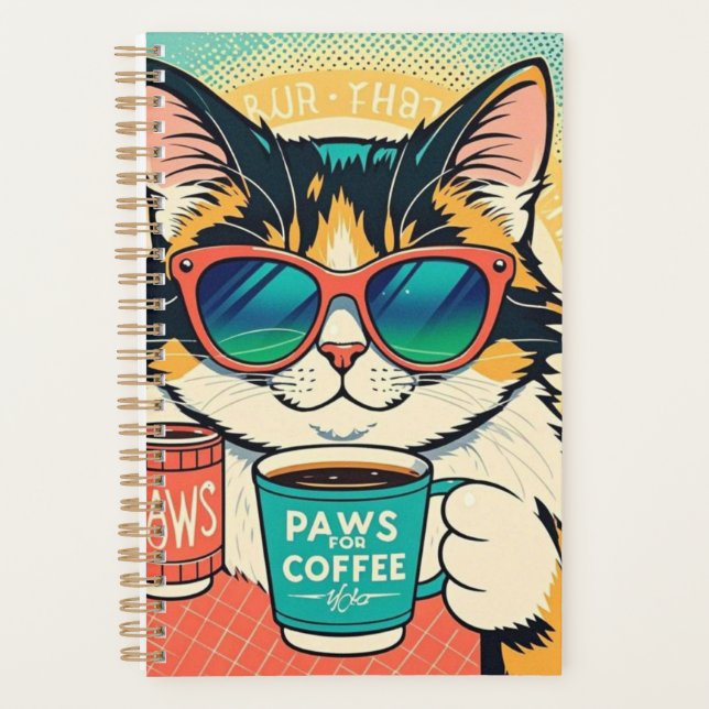 Cat wearing oversized sunglasses, holding a coffee planner (Front)