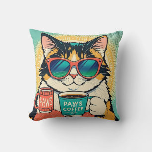 Cat wearing oversized sunglasses, holding a coffee throw pillow