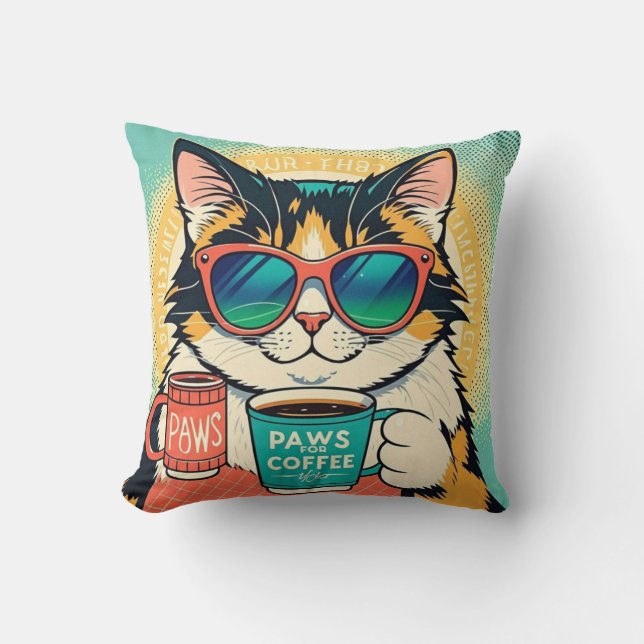 Cat wearing oversized sunglasses, holding a coffee throw pillow (Front)