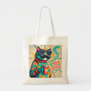 Cat wearing oversized sunglasses, holding a coffee tote bag