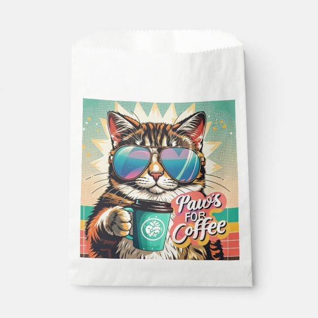 Cat wearing oversized sunglasses with coffee favour bag (Front)
