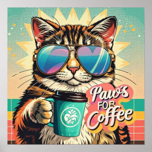 Cat wearing oversized sunglasses with coffee poster