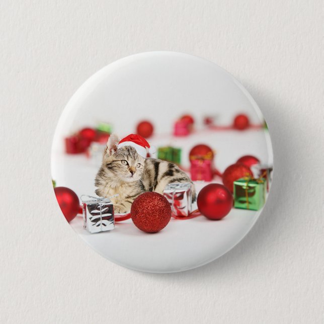 Cat wearing red Santa hat Christmas Ornament 2 Inch Round Button (Front)
