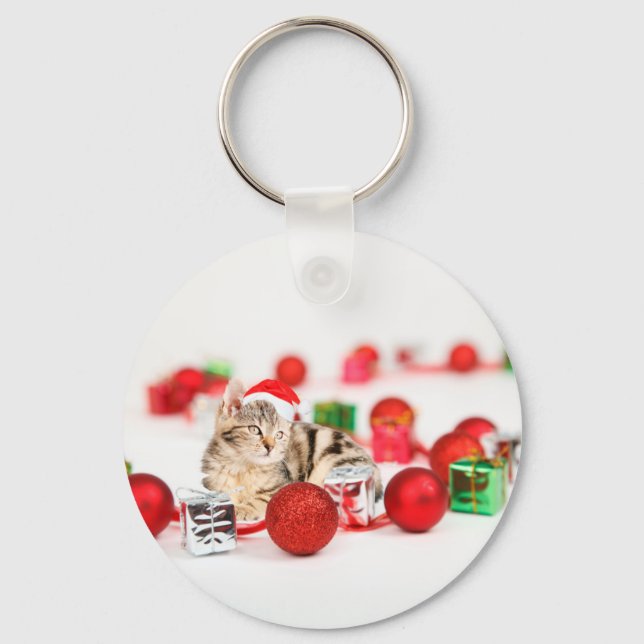 Cat wearing red Santa hat Christmas Ornament Keychain (Front)