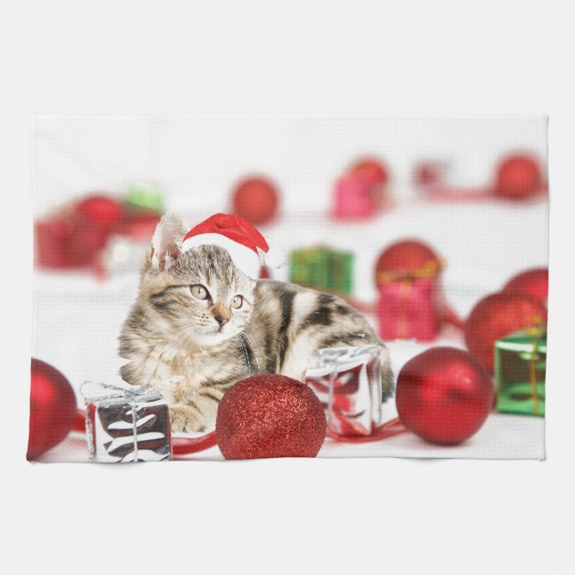 Cat wearing red Santa hat Christmas Ornament Kitchen Towel (Horizontal)