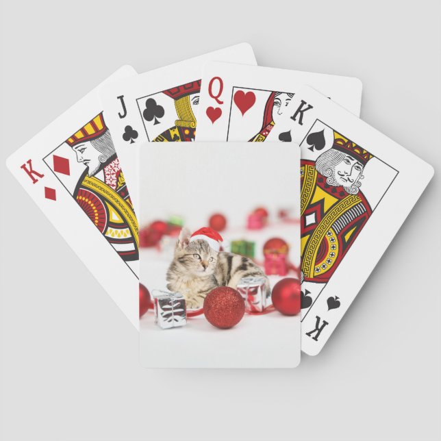 Cat wearing red Santa hat Christmas Ornament Playing Cards (Back)