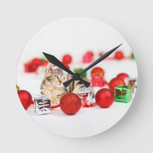 Cat wearing red Santa hat Christmas Ornament Round Clock