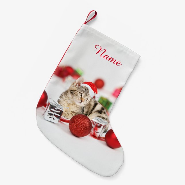 Cat wearing red Santa hat Christmas Ornament Small Christmas Stocking (Front (Hanging))