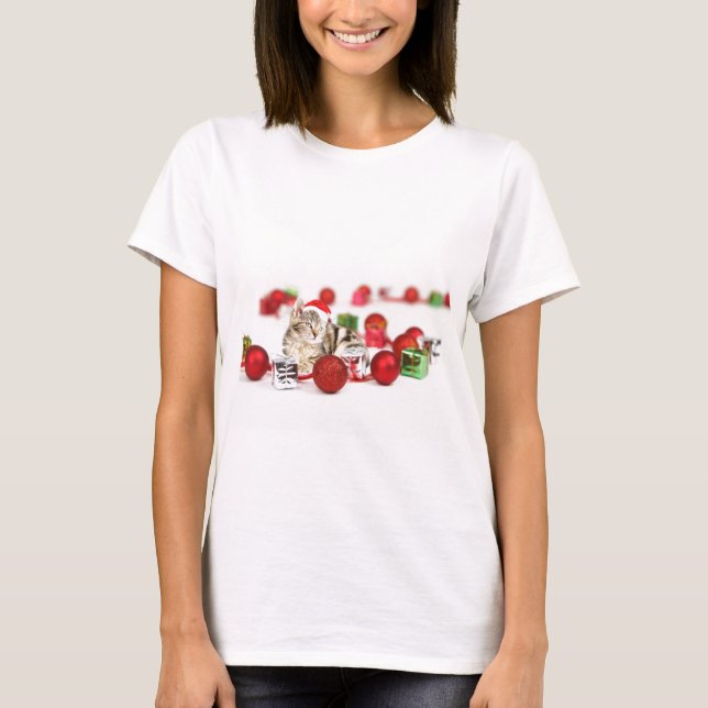 Cat wearing red Santa hat Christmas Ornament T-Shirt (Front)