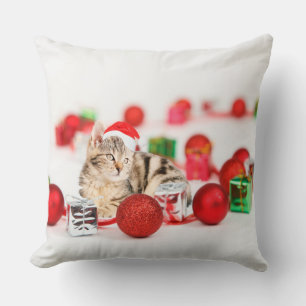 Cat wearing red Santa hat Christmas Throw Pillow