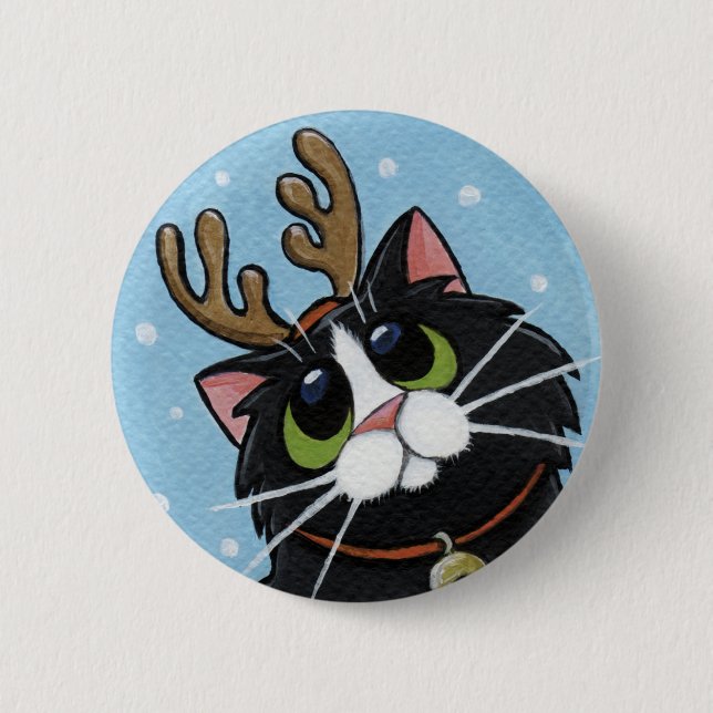 Cat Wearing Reindeer Antlers - Xmas Cat Art Button (Front)