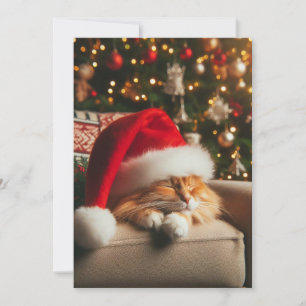 Cat wearing Santa Claus hat sleeping on chair Holiday Card