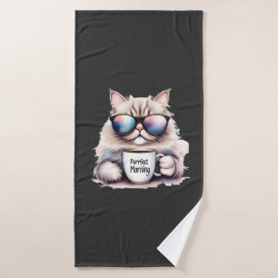 cat wearing sunglasses and holding a coffee mug bath towel