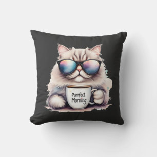 cat wearing sunglasses and holding a coffee mug throw pillow