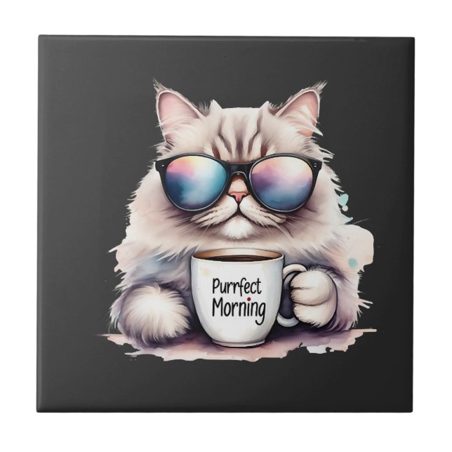 cat wearing sunglasses and holding a coffee mug tile (Front)